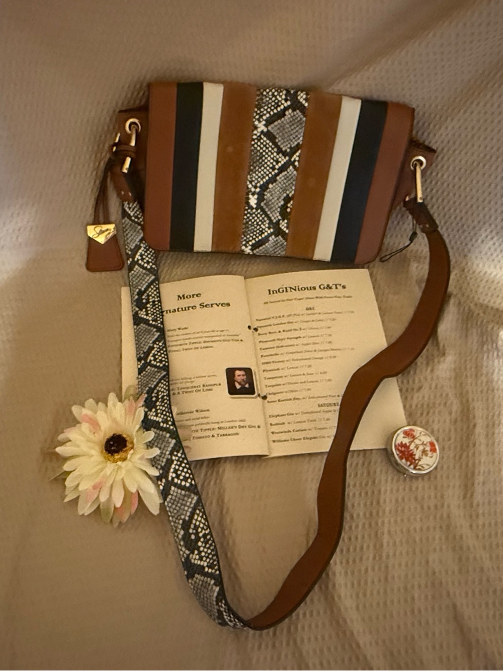 Sammy Aubrey Brown Stripe Snake Print Crossbody Shoulder Bag Faux Suede Flap